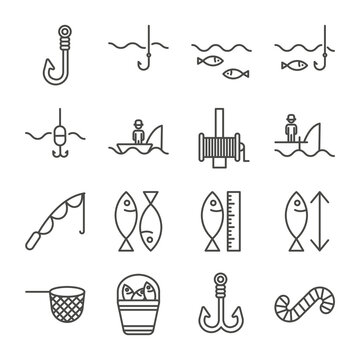 Set of Fishing Outline Icon. Bait, Fish, Rod, hook, worm, fishing nets, and more. Editable Stroke. 48x48 Pixel Perfect