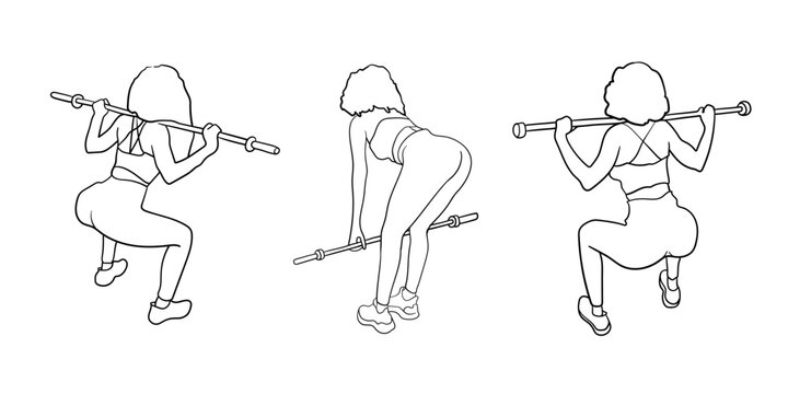 Line art sports girl clipart with a barbell from different angles on a white background. Fitness outline vector illustration