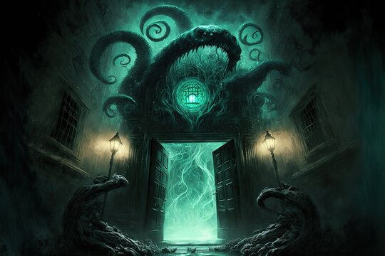 illustration num&eacute;rique fantastique d'une porte d&eacute;moniaque vers un monde inconnu horrifique