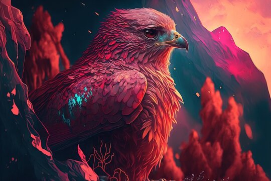 illustration num&eacute;rique, oiseau magique rose et rouge, hybride d'aigle et de faucon