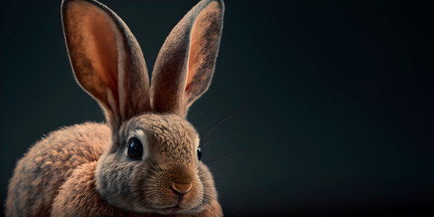 Bunny closeup on a neutral background with a copy space to the right, highly detailed AI Generative art for Easter. Editorial photography Easter themed.