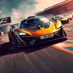 Obraz na płótnie Canvas Mclaren race car racing with another mclaren in the airport with an huge competition for the victory.Generated by Generative AI