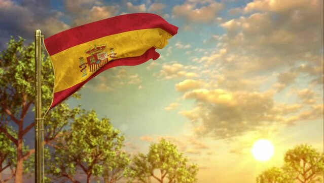 waving flag of Spain at sunset for anthem day