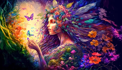 Beautiful fairy with wings in a fantasy magical enchanted forest with butterflies, generative ai