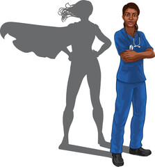 A super hero black woman doctor or nurse medical healthcare health professional in scrubs. Revealed to be a superhero by her shadow.