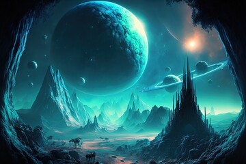 Paysage de planète inconnue, monde alien dans l'espace étrange et fantastique 