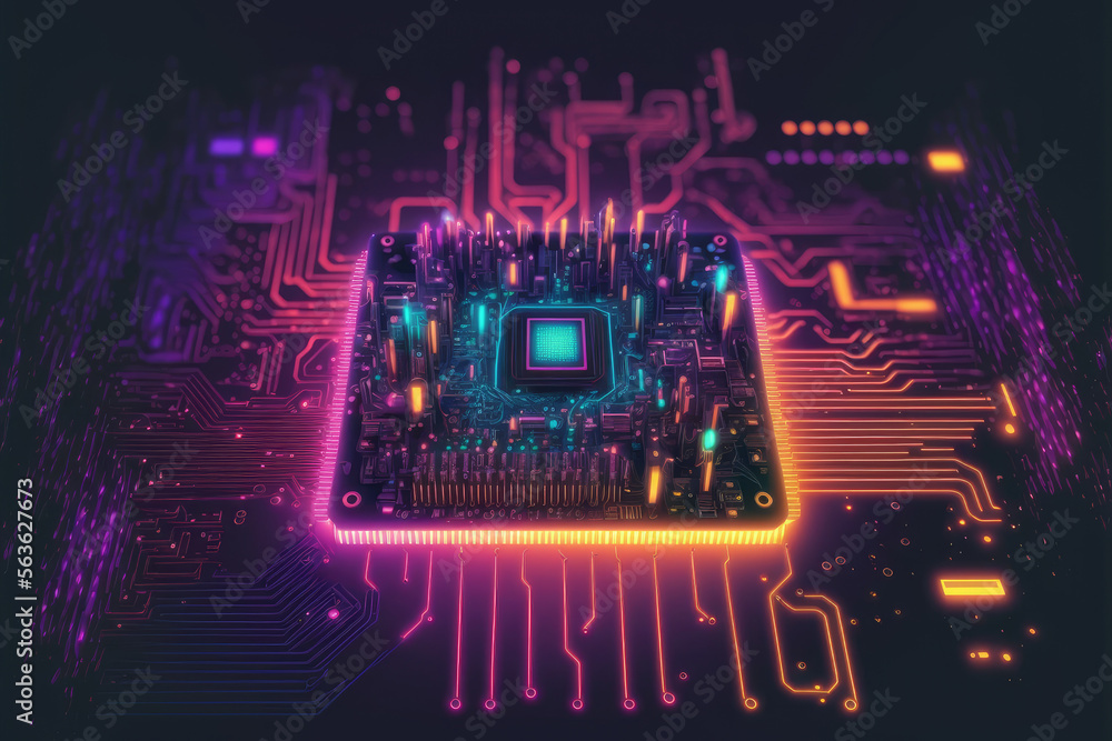 Poster computer microchip semiconductor on motherboard futuristic cyber neon lighting. peculiar ai generati