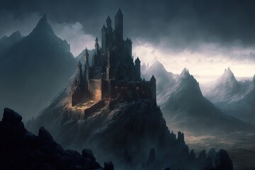 illustration numérique de fantaisie, château fort sombre sur une montagne dans un paysage montagneux de nuit avec brume