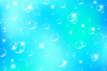 Bubbles in water on blue background. Turquoise abstract banner with soap foam. Effervescent suds in sea and aquarium. Vector illustration.