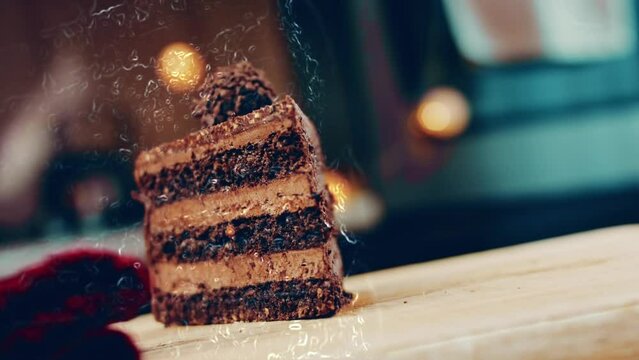 Contour Effect Of A Slice Of Ferrero Rocher Cake With Chocolate. Macro And Slider Shooting. In The Background Is A Retro Atmosphere