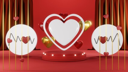 3D rendering of red podium for Valentine products on Valentine's Day.