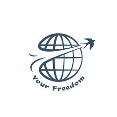 Swallow flies past the Earth. Monochrome linear silhouette of bird and globe. Vector template of logo or emblem for travel agencies, volunteers, charitable foundations, eco organisations