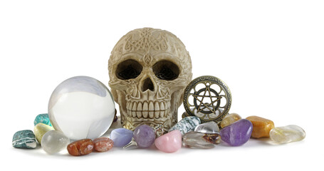 Crystal ball, celtic skull, pentacle pocket watch and selection of tumbled healing crystals...