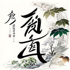 Traditional Japanese ink calligraphy, zen and nature, isolated on white, leaves and muted colors, generative ai
