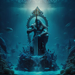 Aquaman with trident in ocean/sea realist wonderful eden 8k - obrazy, fototapety, plakaty