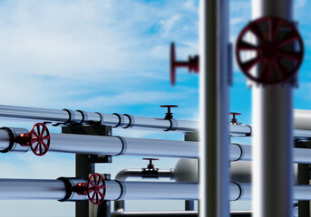 Gas pipeline in open air. Steel pipes on concrete supports. Pipeline with red valves. Pipes for...