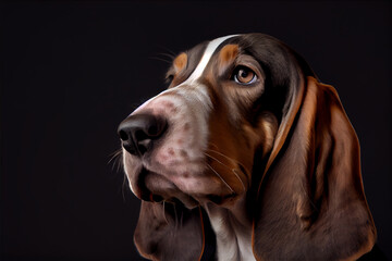portrait of a basset hound dog on a black background. generative ai