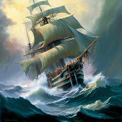 Digital painting of ship in rough seas  - obrazy, fototapety, plakaty