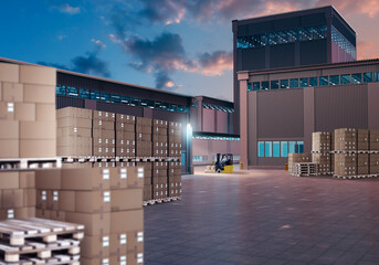 Warehouse area. Boxes on pallets near hangar. Industrial buildings in evening. Warehouse center. Factory area with cardboard boxes. Forklift among hangars. Industrial warehouse buildings. 3d image
