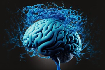 Blue Human Brain With Blue Smoke Around It On Black Background Generative AI