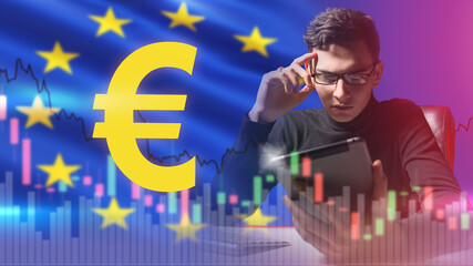 Euro logo near investor. Financial analyst. Trader with tablet sits at table. European Union flag...