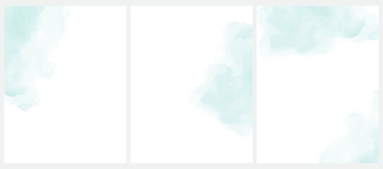 Delicate Light Mint Green Abstract Watercolor Style Vector Layouts. Pastel Blue Paint Stains on a White Background. Pastel Color Stains and Splatter Print Set ideal for Cover, Blank. No text.