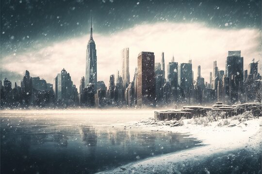 Snow In New York City - Fantastic Image, Skyline With City Skyscrapers In Manhattan, USA.Generative AI.