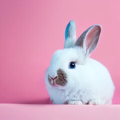 Cute easter rabbit sitting on pink background with empty space for text or product. Currious small bunny symbol of spring and easter