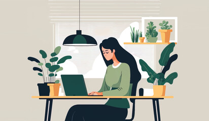 Woman working or studying on laptop in the office or at home.