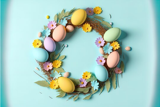 Colorful easter eggs with meadow flowers, dried stick nest berries circle frame on blue with space for text digital art style. Easter spring holiday design template