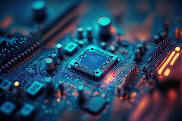 Fototapeta na wymiar Abstract microchip mother board background. Computer chip network for artificial intelligence, cyber security, big data concept design blue shade