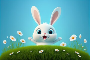 Cute cartoon happy bunny on blue sky and green meadow grass with daisy background. Adorable rabbit for easter spring holiday design.