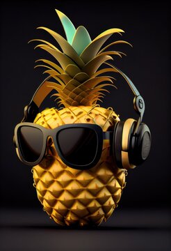 Ripe pineapple with headphones and sunglasses on black background. AI generative illustration, image generated by AI.