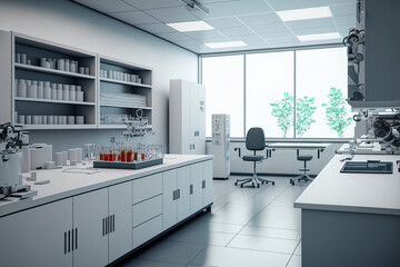 Scientific laboratory interior, basic research or biotech lab, concept art generated by AI, AI generative art.