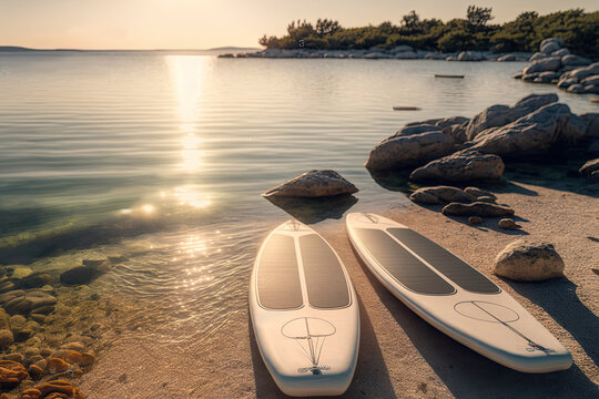 Two Stand Up Paddle surf boards, or SUP boards on a seashore in Croatia, golden hour, sunset. AI generative, image generated with AI.