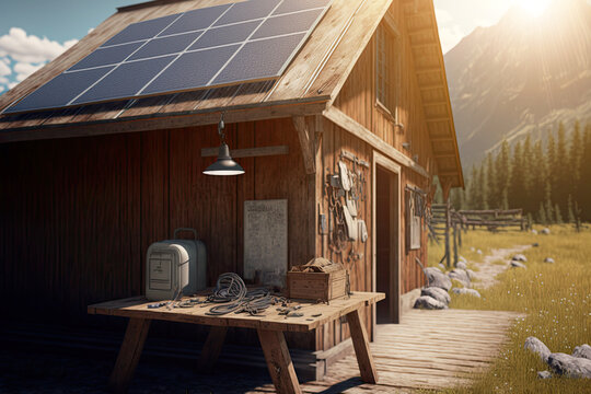 Solar panels on the roof of wooden log cabin, mountain cabin. AI generative, illustration generated by AI.