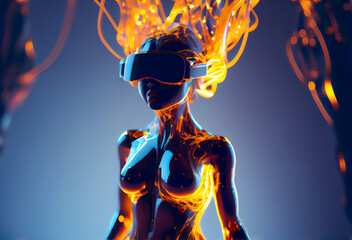 VR concept . 3d character style nft collection with VR goggles immersed in backlit diffuse liquid. metaverse concept, technology, video games and virtual reality, generative artificial intelligence