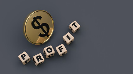 Wooden cubes with the word PROFIT and a gilded coin with a dollar symbol on a neutral background with space for text or logo. 3D rendering. Financial concept