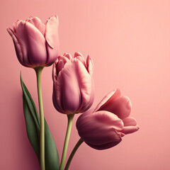 three pink tulips on a pink background Generative Ai
