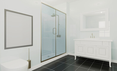 Fototapeta na wymiar Clean and fresh bathroom with natural light. 3D rendering.. Blank paintings. Mockup.