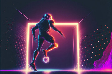 Obraz premium Futuristic football player kicking a ball at goalpost - Generative AI