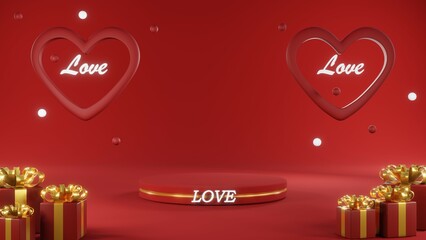 3D rendering of red podium for Valentine products on Valentine's Day.