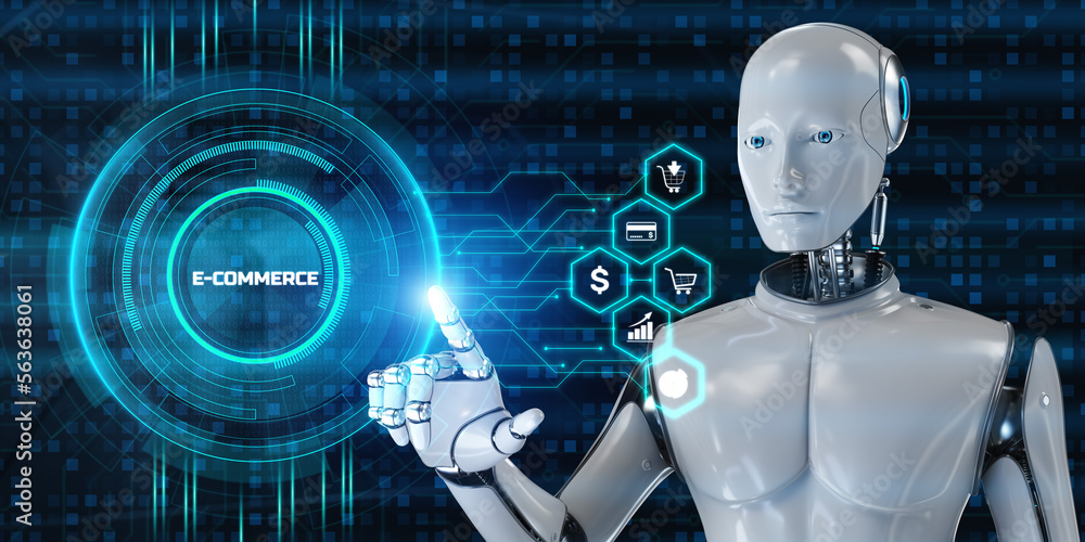 Poster e-commerce online shopping. robot pressing button on screen 3d render.