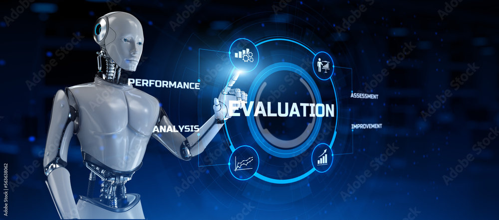 Aufkleber evaluation assessment rating concept. robot pressing button on screen 3d render.