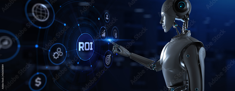 Aufkleber roi return on investment. robot pressing virtual button 3d render illustration.
