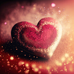 Obraz premium Valentine's Day Hearts with sparkling glitter gold textured on red background. Seasonal holidays background with love symbol. Generative AI