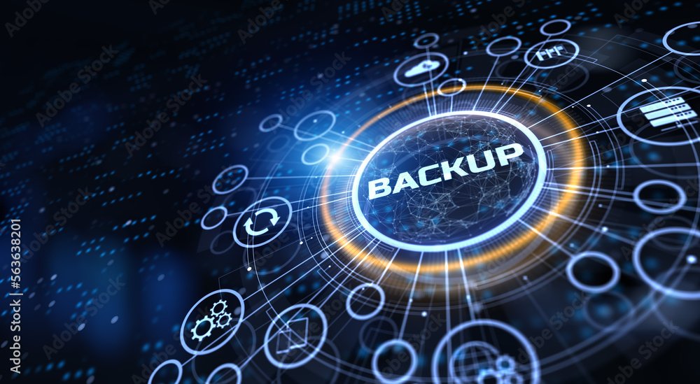 Poster data backup information protection cyber security concept on virtual screen.