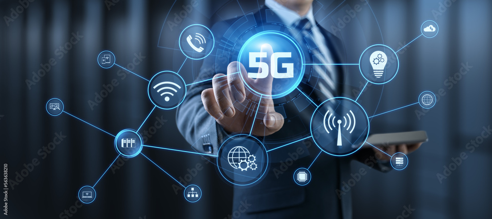 Poster 5g high-speed internet connection concept. businessman pressing button on screen.
