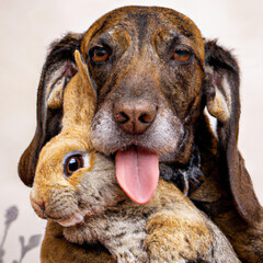 A dog with its tongue out hugging a brown rabbit with Generative AI technology