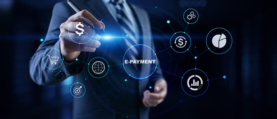 E-payment digital money online banking. Businessman pressing button on screen.